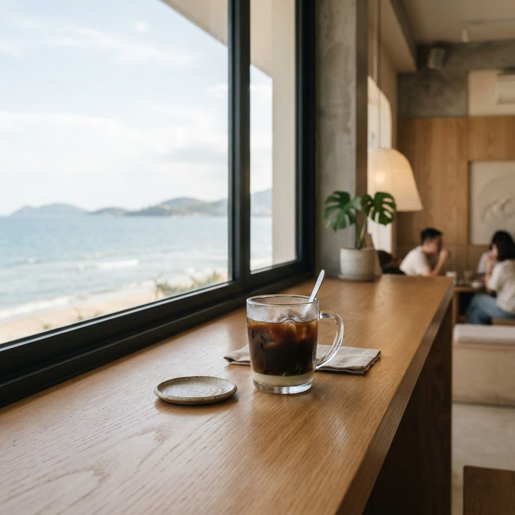 Ly cà phê Việt trên quầy gỗ bên cửa sổ