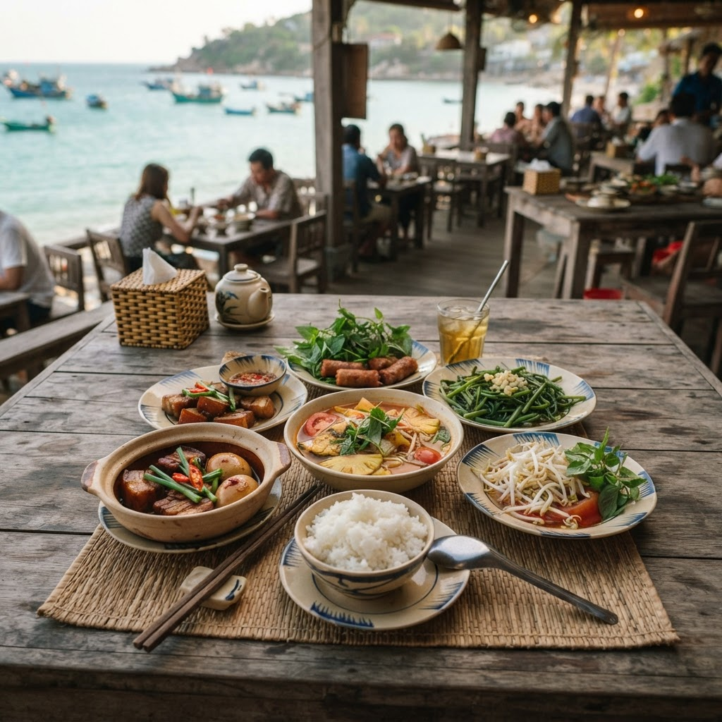 Bữa cơm Việt truyền thống trên bàn gỗ mộc